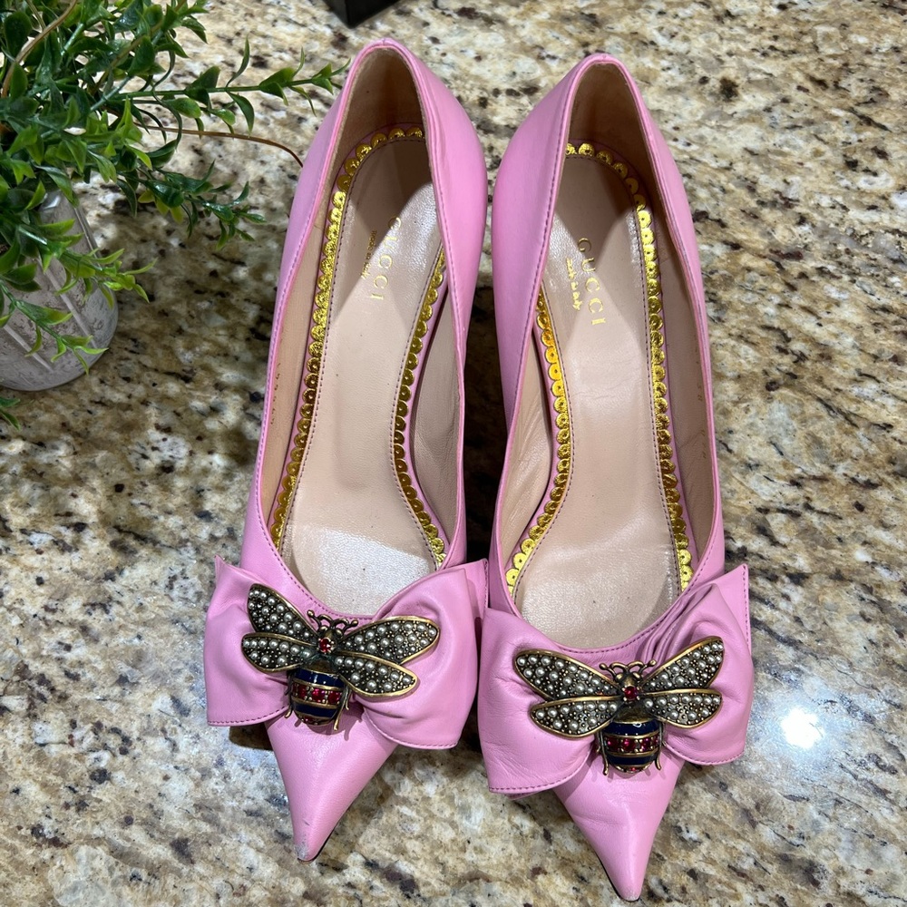 GUCCI Nappa Queen Margaret Bow Mid Heel Pointed Toe Pumps 38 Sugar Pink